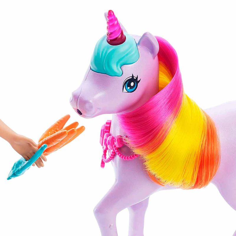 Barbie Unicornio amarillo morena Muñeca con con pelo arcoíris,falda y  accesorios fantasía de Mattel - JUGUETES PANRE