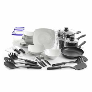SET DE 45 PZAS VAJILLA, ACCESORIOS, SARTENES CUBIERTOS Y VASOS AUN CERAMICA BLANCO