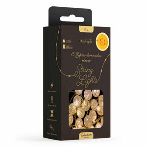 SERIE DE 15 ESFERAS LUMINOSAS, LUZ LED CÁLIDA, CABLE ULTRA SLIM DORADO, FUNCIONA CON 3AA BATERÍAS (INCLUIDAS)
