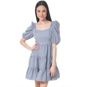 VESTIDO CUADROS SEMICIRCULAR CORTO ESCOTE CUADRADO MANGA CORTA AMARRE EN ESPALDA