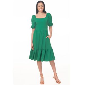 VESTIDO MIDI LISO SEMICIRCULAR ESCOTE CUADRADO MANGA GLOBO CORTA