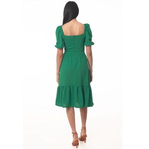 VESTIDO MIDI LISO SEMICIRCULAR ESCOTE CUADRADO MANGA GLOBO CORTA