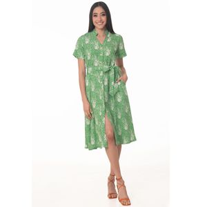 VESTIDO ESTAMPADO MIDI CUELLO MAO ESCOTE EN V MANGA CORTA CON CINTURON