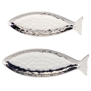 JUEGO DE 2 PLATONES DE SERVICIO 3-D FISH METALICOS PLATA BEYOND THE SHORE