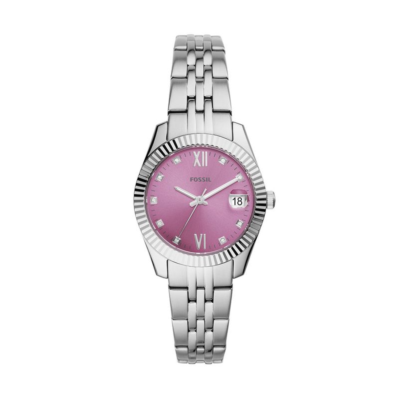 RELOJ FOSSIL DAMA,EXTENSIBLE ACERO PLATA,CARATULA MORADO,ANALOGO