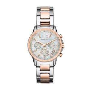 RELOJ ARMANI EXCHANGE DAMA, EXTENSIBLE ACERO COMBINADO, CARATULA BLANCO, ANALOGO, CRONOMETRO