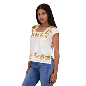 Blusa Je Tipo Hipil de Lino con Bordado Digital En Punto de Cruz Mandarinas