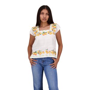Blusa Je Tipo Hipil de Lino con Bordado Digital En Punto de Cruz Mandarinas