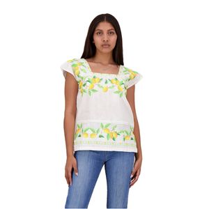 Blusa Je Tipo Hipil de Lino con Bordado Digital En Punto de Cruz Limones