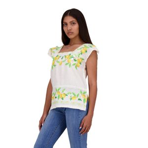 Blusa Je Tipo Hipil de Lino con Bordado Digital En Punto de Cruz Limones