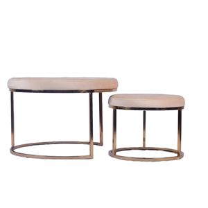 Set De Taburetes Redondos Tapizados En Terciopelo Beige Con Base De Hierro Y Patas De Metal Galvanizado