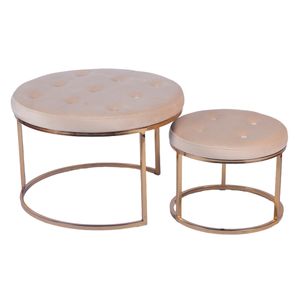 Set De Taburetes Redondos Tapizados En Terciopelo Beige Con Base De Hierro Y Patas De Metal Galvanizado