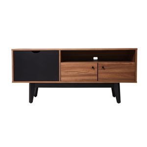 Mueble De Tv Negro Y Nogal Con 3 Puertas Para Almacenamiento. Patas De Madera De Pino Y Recubierto En Melamina