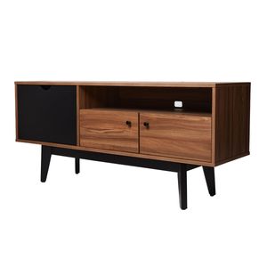 Mueble De Tv Negro Y Nogal Con 3 Puertas Para Almacenamiento. Patas De Madera De Pino Y Recubierto En Melamina