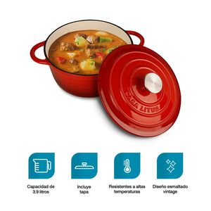 Olla De Hierro Fundido 3.9L Rojo Tipo Dutch Oven Para Horno Y Estufa
