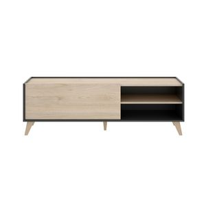 Mueble De Tv Color Madera Y Gris Obscuro Con 1 Puerta Abatible, 2 Huecos Y 1 Entrepaño. Hecho De Madera Industrializada