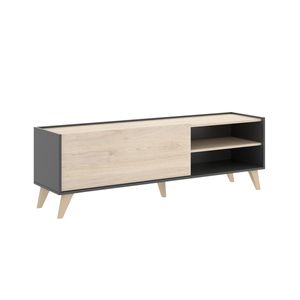 Mueble De Tv Color Madera Y Gris Obscuro Con 1 Puerta Abatible, 2 Huecos Y 1 Entrepaño. Hecho De Madera Industrializada