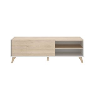 Mueble De Tv Color Madera Y Blanco Con 1 Puerta Abatible, 2 Huecos Y 1 Entrepaño. Hecho De Madera Industrializada