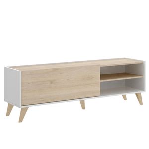 Mueble De Tv Color Madera Y Blanco Con 1 Puerta Abatible, 2 Huecos Y 1 Entrepaño. Hecho De Madera Industrializada