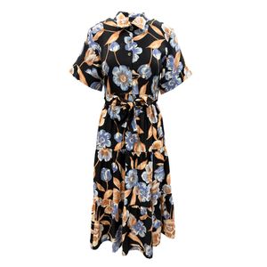 Vestido Camisero Con Cortes En Falda Estampado Negro Con Flores Azules