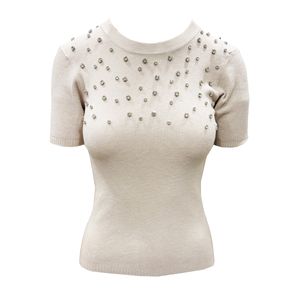 Blusa Tejida Manga Corta Brillantes Hueso