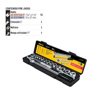 Juego de 16 Herramientas 1/2" STD Para Mecánico Pretul JD-1/2X17SAE-P