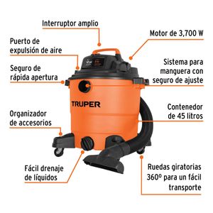 Aspiradora de Sólidos y Líquidos, 12 gal, Plástico TRUPER